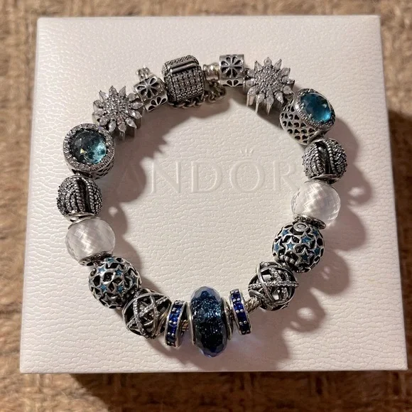 PANDORA Silver 925 Bracelet Full Of 16 Charm Beads L18cm with Box - Picture 1 of 15